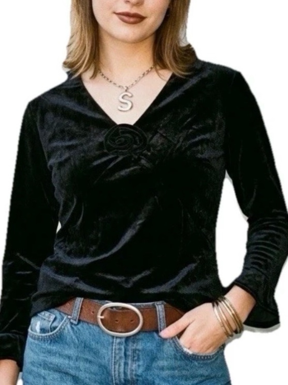 Y2K VTG Rosette Black Velvet Flower Top Small WhimsiGoth Boho Fairy Romantic